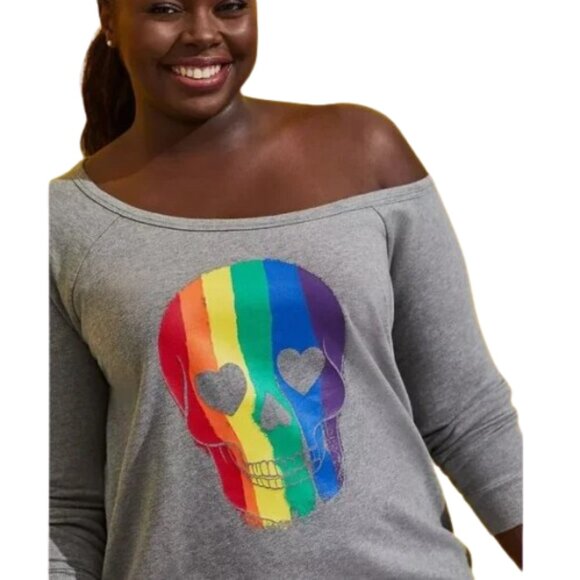 Torrid Celebrate Love Off-Shoulder Sweatshirt - Rainbow Skull Grey - Picture 3 of 9
